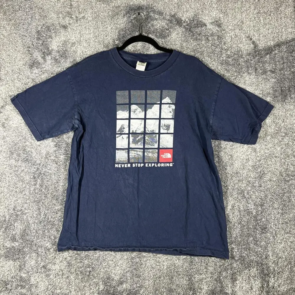 The North Face Shirt Mens L Blue Short Sleeve Crew Neck Mountain Grid Graphic